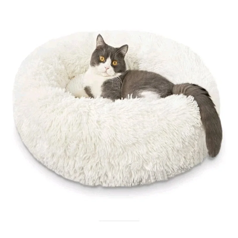 Plush Donut Dog/Cat Bed, Washable, White, Non-slip Bottom, 24in